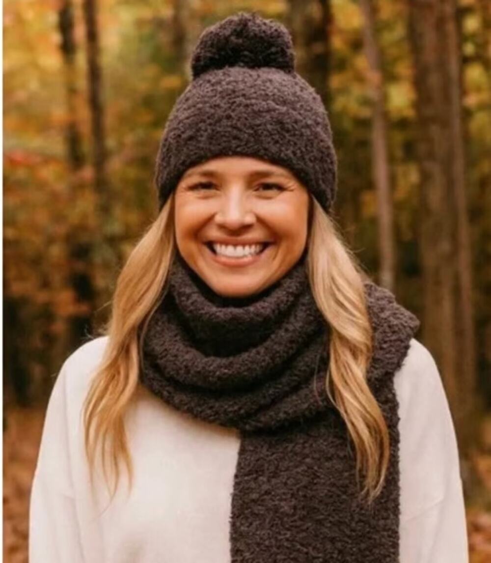 Barefoot Dreams CozyChic Pom Pom Beanie & Scarf Set Brown One Size NEW